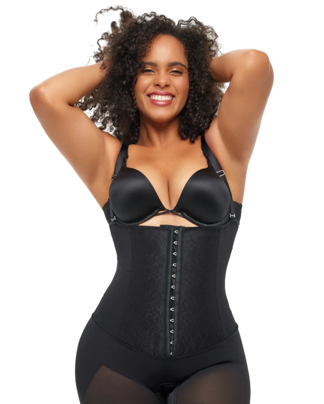 Woman wearing a black Ardyss waist-cincher shapewear garment